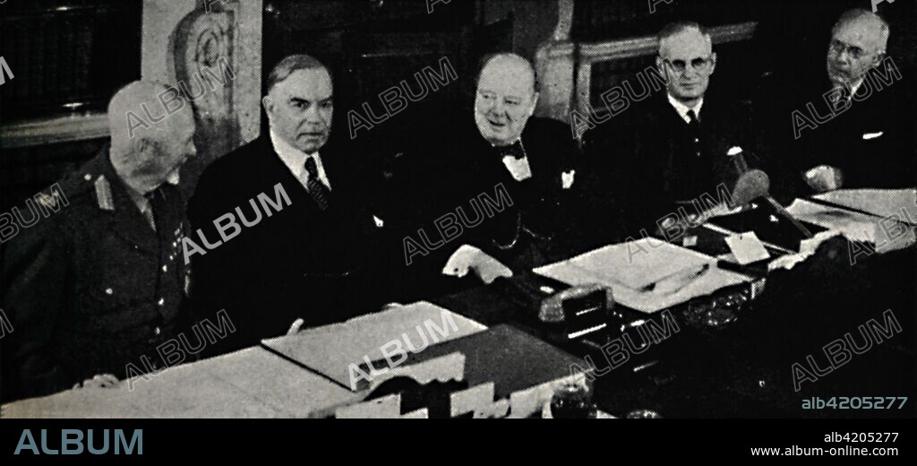 'Imperial Conference of 1944', 1945. Meeting of the Commonwealth Prime Ministers held in London, 1-16 May, during the Second World War. Left to right: General Jan Smuts of South Africa, William Lyon Mackenzie King of Canada, British Prime Minister Winston Churchill, John Curtin of Australia, and Peter Fraser of New Zealand. Consensus was reached to support the Moscow Declaration, and agreement was made regarding the respective roles in the overall Allied war effort. Churchill (1874-1965) was Prime Minister of the United Kingdom from 1940 to 1945, and again from 1951 to 1955. From "The Life and Times of Winston Churchill", by Malcolm Thomson. [Odhams Press Limited, London].
