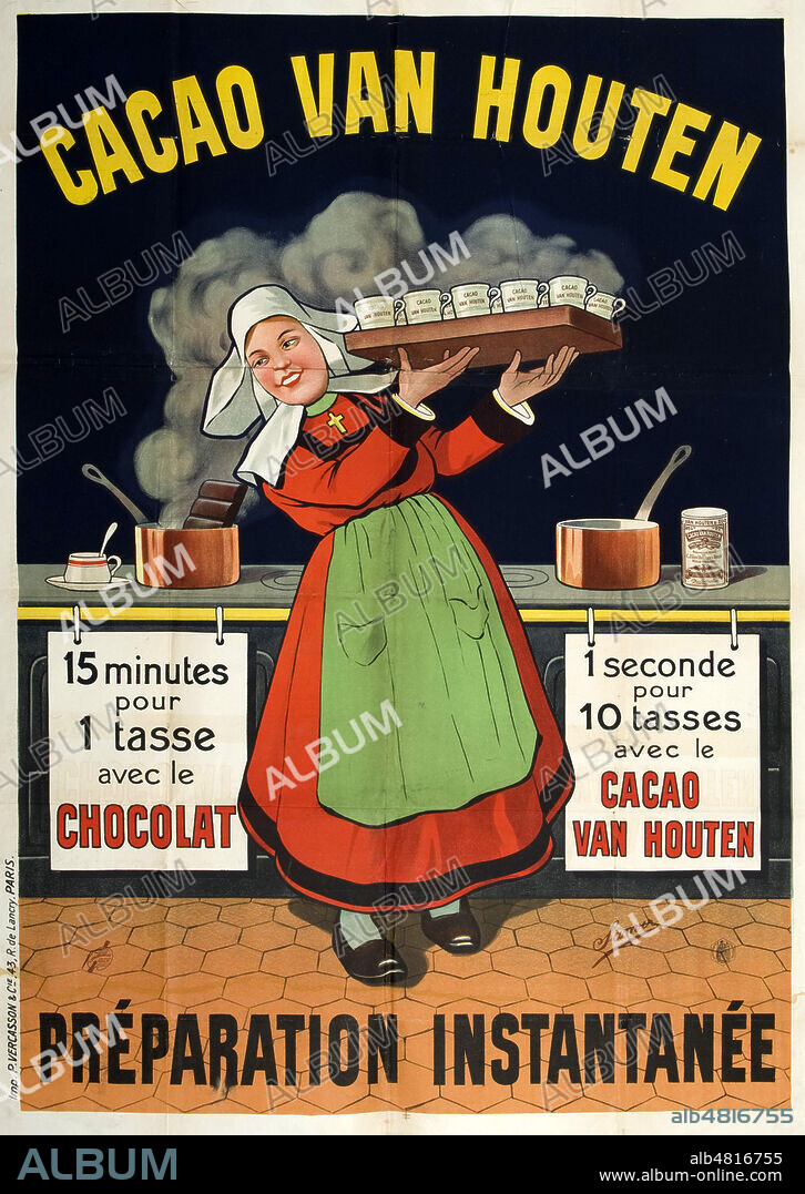 Cacao VAN HOUTEN preparation instantanee. Cuisiniere hollandaise portant un plateau de tasses de chocolats, devant ses fourneaux. Affiche publictaire vers 1920. Illustration par Sanver. Credit : IM/KHARBINE-TAPABOR.
