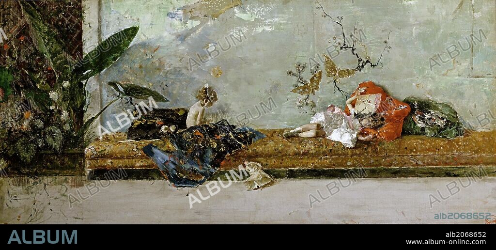 MARIANO FORTUNY Y MARSAL. Mariano Fortuny Marsal / 'Los hijos del pintor, María Luisa y Mariano, en el salón japonés', 1874, Escuela Española, Óleo sobre Lienzo, 44 cm x 93 cm, P02931.