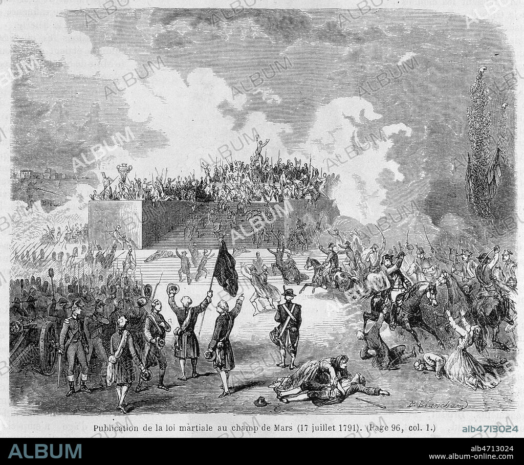 'Publication de la loi martiale au Champ de Mars (17/07/1791). Gravure tiree de l'Histoire de France publiee par Hachette, en 1862. Credit : Collection Jonas/KHARBINE-TAPABOR.