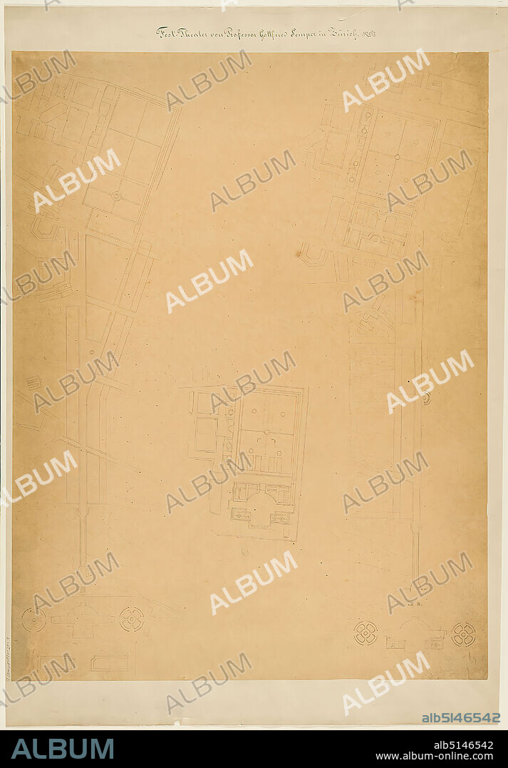 Gottfried Semper, site plan for the Richard-Wagner-Festspielhaus in the Glaspalast in Munich (Residenz-Isar), tracing paper, drawing, pen-and-ink drawing, sheet size: height: 71.8 cm; width: 54.4 cm, inscribed: recto on the cardboard: in ink: Fest-Theater by Professor Gottfried Semper in Zurich, in lead: G. Semper 180-21-1, draft drawings, design, plan of a building, opera house, architecture, architectural drawing or model.