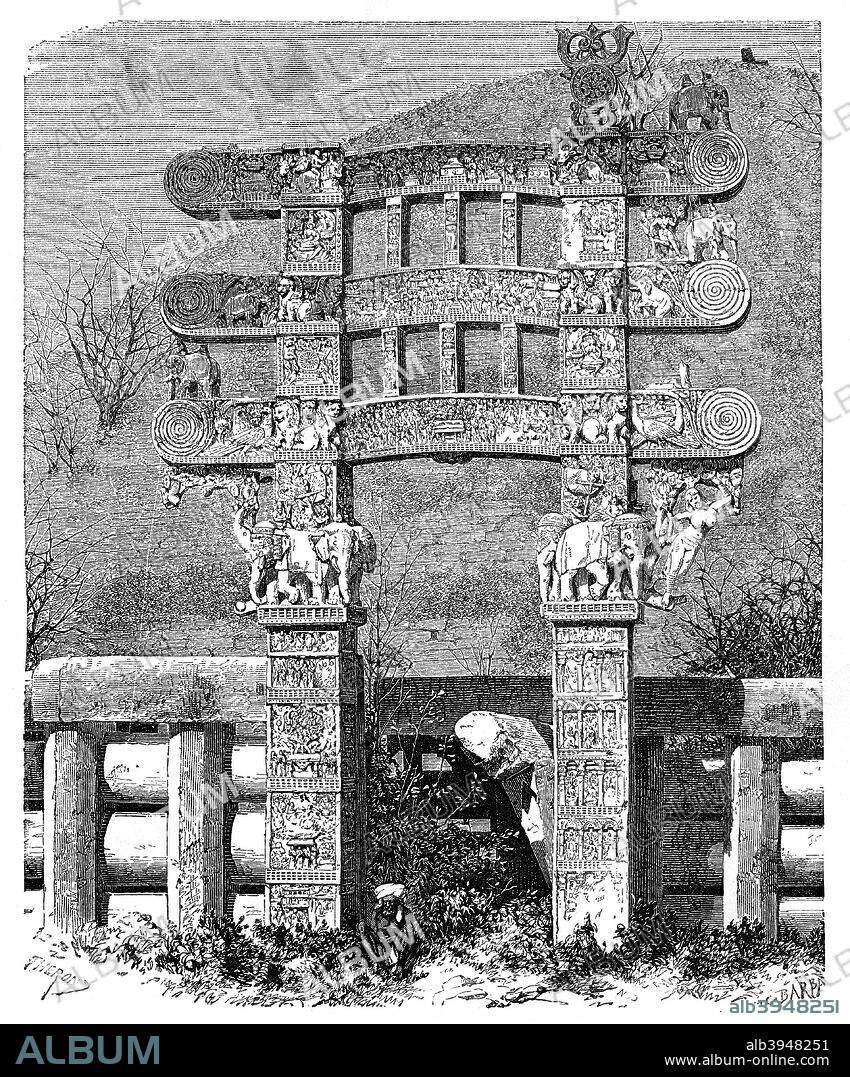 The East Gate of the Sanchi Tope, India, 1895. The great stupa (or tope) of Sanchi is the most important surviving monument of the Shunga era (c185-75 BC). It consists of a large hemispherical dome which was built over an already existing stupa ascribed to the 3rd century BC from the time of the Buddhist emperor Ashoka (c269-232 BC). Four elaborately carved gateways (toranas) were added to the stupa during the 1st century BC and the eastern gateway is depicted here. From The Universal Geography with Illustrations and Maps, division XV, written by Elisee Reclus and published by Virtue & Co. Limited (London, 1895).