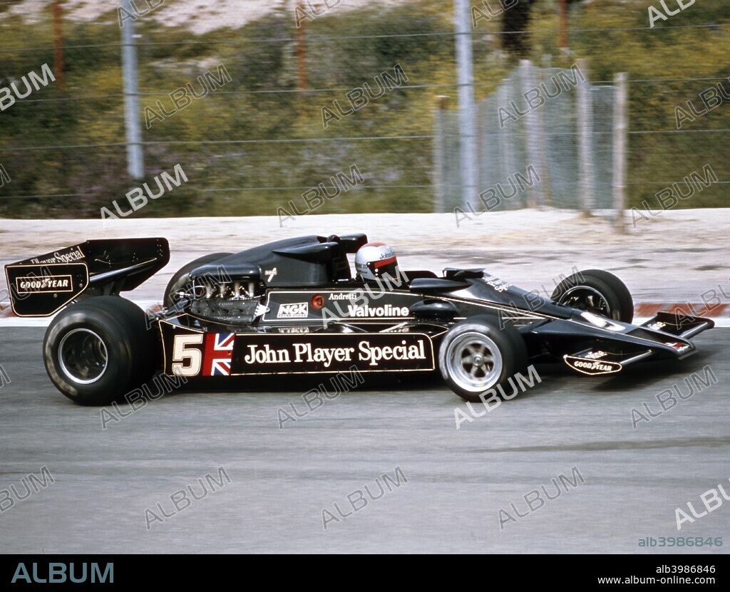 Mario Andretti racing a JPS Lotus-Cosworth 78, Spanish Grand Prix, Jarama, Spain, 1977. Andretti went on to win this race. He was a Daytona 500 winner, Sebring winner, 2-time USAC (United States Auto Club) champion and 4-time Indianapolis 500 competitor, as well as a Formula One driver. In 1971 in South Africa, driving for the first time with Ferrari, he won his first race in F1. In 1978 he won the World Championship with Lotus.