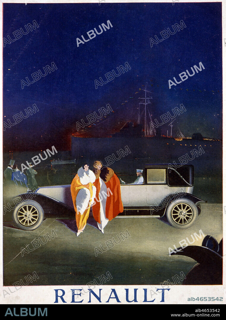 Publicite de 1924 pour les voitures RENAULT representant un couple contre une voiture devant un paquebot. Annees 20. 1925. Illustration Robert FALCUCCI (14900-1989=ADAGP) Credit : ADAGP/Collection KHARBINE-TAPABOR.