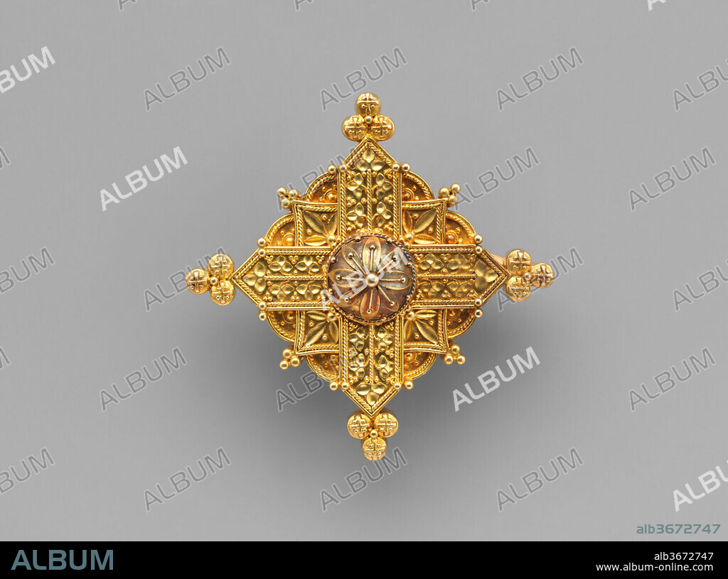 Pendant brooch in the form of a Gothic Cross. Culture: British, London. Dimensions: Overall (confirmed): 2 3/8 x 2 3/8 x 9/16 in. (6.1 x 6.1 x 1.4 cm). Maker: Carlo Giuliano (Italian, active England, ca. 1831-1895). Date: ca. 1880.
This object and the group to which it belongs (see also 2014.713.1-.10) reflect the keen interest in historical styles in nineteenth-century Europe. Artists and designers looked to various artistic periods for forms and motifs. There was also an interest in reproducing works of art from earlier epochs with historical accuracy--an approach that is particularly evident in the taste for so-called archaeological jewelry (jewelry based on excavated examples from antiquity), which reached its zenith in the middle of the century.
The jewelry made during this period encompassed Etruscan, ancient Roman, early Christian, Byzantine, and medieval styles. The firm of Castellani in Rome both pioneered and dominated the production of archaeological jewelry. Founded by Fortunato Pio Castellani in 1814, the company was run by three generations of the family before closing in 1927. Castellani jewelry achieved enormous popularity in the highest circles of European society, and its success encouraged many jewelers to work in a similar hisotiricizing vein, including Carlo Giuliano and his son Arthur, who established a successful firm in London in the last quarter of the nineteenth century.
The fashion for works of art that evoked antiquity ensured the popularity of cameos. Carved from hardstones such as onyx, sardonyx, and agate, cameos depicting subjects from ancient Greece or Rome or portraits executed in silhouette were often mounted in gold as jewelry. The most proficient cameo carvers, such as Benedetto Pistrucci and Luigi Saulini, produced works of remarkable technical skill. Their cameos were set in specially designed mounts by jewelers such as the Castellani, resulting in some of the finest decorative works of art of the nineteenth century.
[Jeffrey H. Munger, 2010].