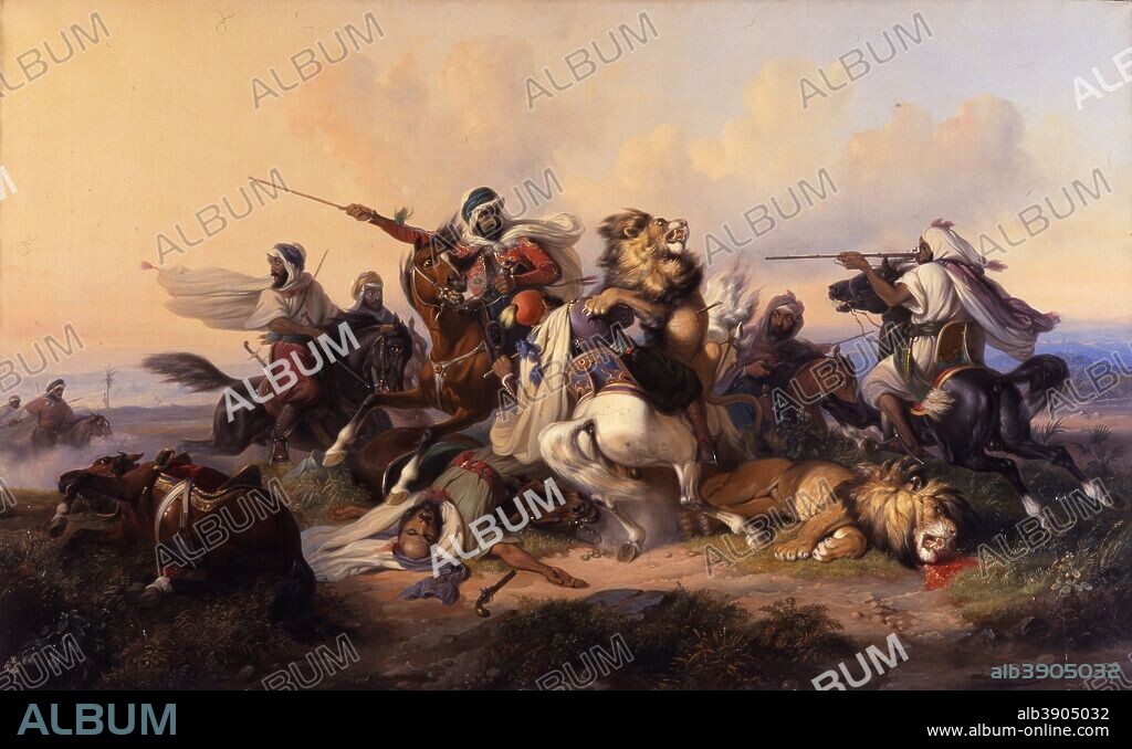 RADEN SALEH. The Lion hunt. Date/Period: 1841. Painting. Oil on canvas. Height: 88.3 cm (34.7 in); Width: 142.3 cm (56 in).