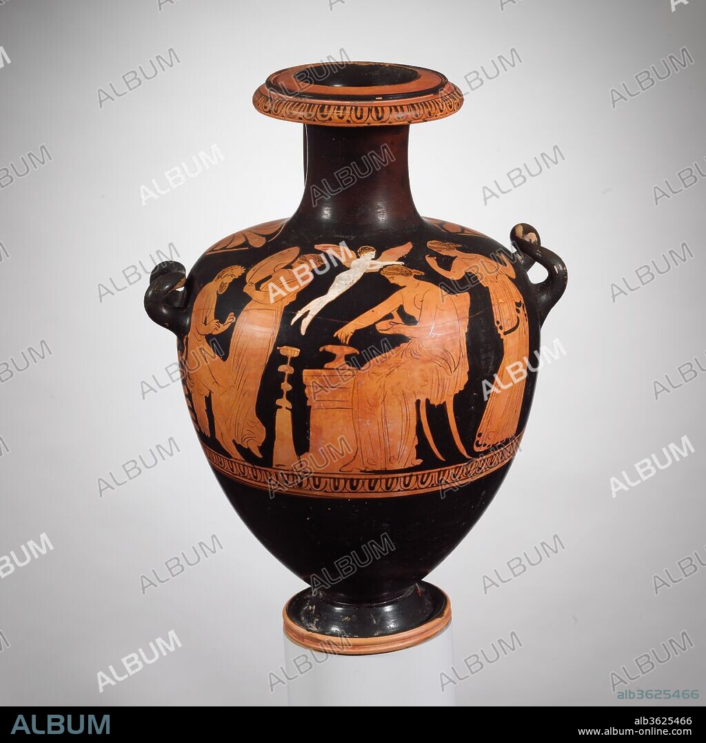 Terracotta hydria: kalpis (water jar). Culture: Greek, Attic. Dimensions: H. 12 in. (30.5 cm). Date: 4th century B.C..
Woman seated by an altar and thymiaterion (incense burner) being crowned by Eros, satyr and woman with tympanon (tambourine), and woman
Set outdoors, this scene shows a woman burning incense and a satyr with a woman, who may be a maenad. The woman at the right runs away in fright. The powers of Dionysos and Eros are evidently at work.