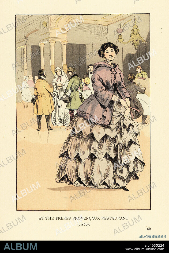 Woman at the Freres Provencaux Restaurant, Paris, 1850. She wears a lilac jacket over a flounced crinoline. The Trois Freres Provencaux in the Palais Royal was a fashionable bouillabaise specialty restaurant opened by Marseille brothers Maneille, Simon and Barthelemy in 1786.