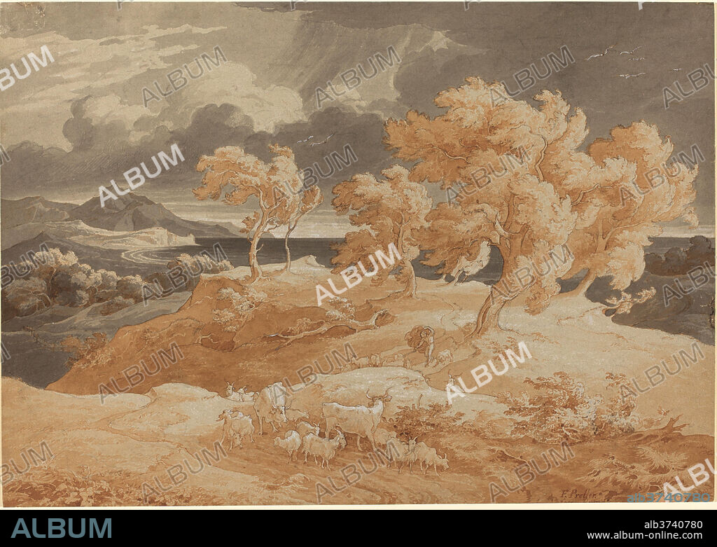 FRIEDRICH PRELLER THE ELDER. Italian Coastal Landscape with a Thunderstorm. Dated: 1828/1831. Dimensions: overall: 23.2 x 32.5 cm (9 1/8 x 12 13/16 in.). Medium: pen and red-brown ink with red-brown and gray washes, heightened with white,  over graphite on paper; mounted on board.