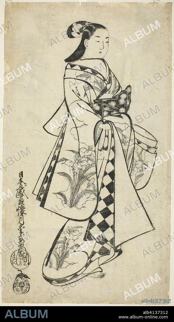 Standing Beauty. Kaigetsudo Anchi; Japanese, active c. 1704-16. Date: 1709-1716. Dimensions: 22 1/4 × 12 1/2 in. Woodblock print; sumizuri-e, vertical o-oban. Origin: Japan.