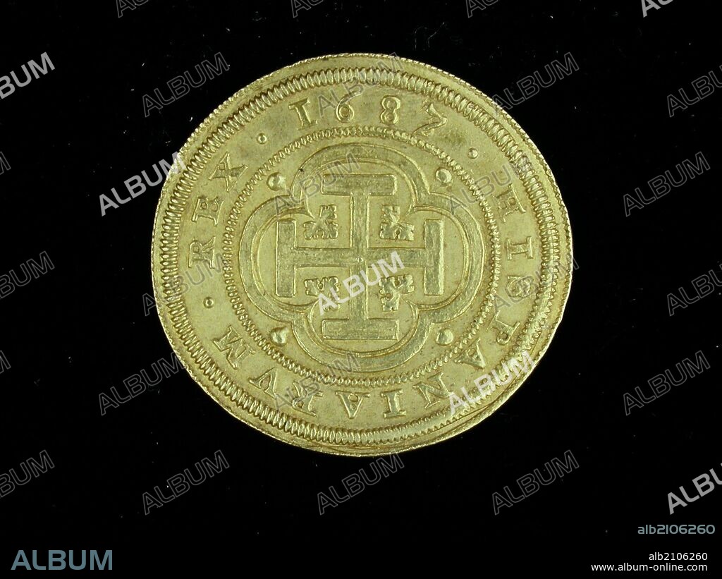 NUMISMATICA. MONEDA MODERNA. OCHO ESCUDOS DE ORO, DE CARLOS II. REVERSO. CRUZ DE JERUSALEN EN MEDIO DE CUATRO SEMICIRCULOS.1687. (DEPOSITO: MUSEO ARQUEOLOGICO NACIONAL).