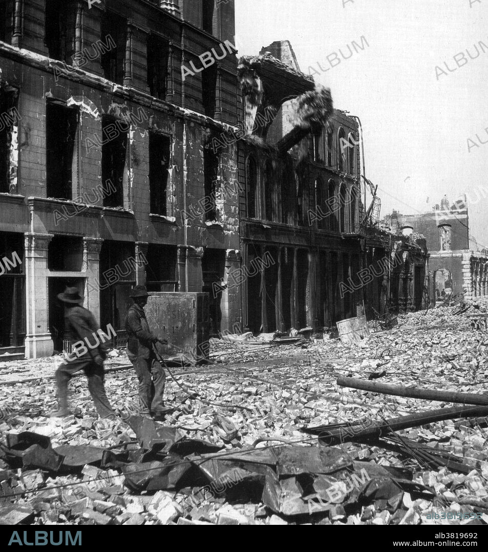 The Great Baltimore Fire raged in Baltimore, Maryland, on Sunday, February 7, and Monday, February 8, 1904. Over 1,200 firefighters were required to bring the blaze under control. It destroyed a major part of central Baltimore with an estimated $85 million in property damages. The fire started in a dry goods warehouse and spread over 140 acres. While 2,500 buildings were consumed by flames, only one person was killed. One reason for the fire's duration was the lack of national standards in firefighting equipment. Although fire engines from nearby cities (such as Philadelphia and Washington, D.C. as well as units from New York City, Virginia, Wilmington, and Atlantic City) responded, many could not help because their hose couplings could not fit Baltimore's hydrants. Much of the destroyed area was rebuilt in relatively short order, and the city adopted a building code, stressing fireproof materials. The greatest legacy of the fire was the impetus it gave to efforts to standardize firefighting equipment in the United States, especially hose couplings. Originally captioned: Burned ruins of Baltimore, February 1908.