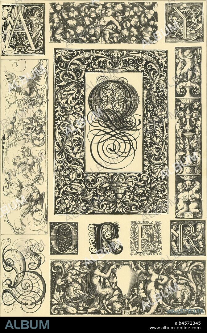 German Renaissance typographic ornaments, (1898). 'Fig 1: Title-frame (1519) probably by Hieronymus Hopfer. Fig 2: Initial by A. Dürer. Fig 3: Frieze (1539) by A. Aldengrever [Heinrich Aldegrever?]. Fig 4: Initial from a dance-of-death alphabet by Hans Holbein. Fig 5: Marginal decoration from the prayer-book of the Emperor Charles V by A. Dürer. Fig 6: Frieze (1528) by H. S. Beham. Fig 7: Initial (1518) by an unknown master. Fig 8: Initial by Paul Frank. Fig 9: Initial by Jost Aman [Jost Amman?]. Fig 10: Initial (1527-1532) from Hans Holbein's children's alphabet. Fig 11: Initial by an unknown master. Fig 12: Frieze by J. Binck. Fig 13: Initial by P. Frank...The custom of decorating printings with artistic initials, marginal borders etc. is nearly as old as typography itself. In the beginning, Gothic forms, of course, were still prevailing; but the transition from the 15th to the 16th century marked a new era for this branch of art. Of marked and decisive importance was particularly the activity of the greatest German artists of that period, viz of Holbein, Dürer and others; they were continually creating new ornamental alphabets...'. Plate 75 from "The Historic Styles of Ornament" translated from the German of H. Dolmetsch. [B.T. Batford, London, 1898].