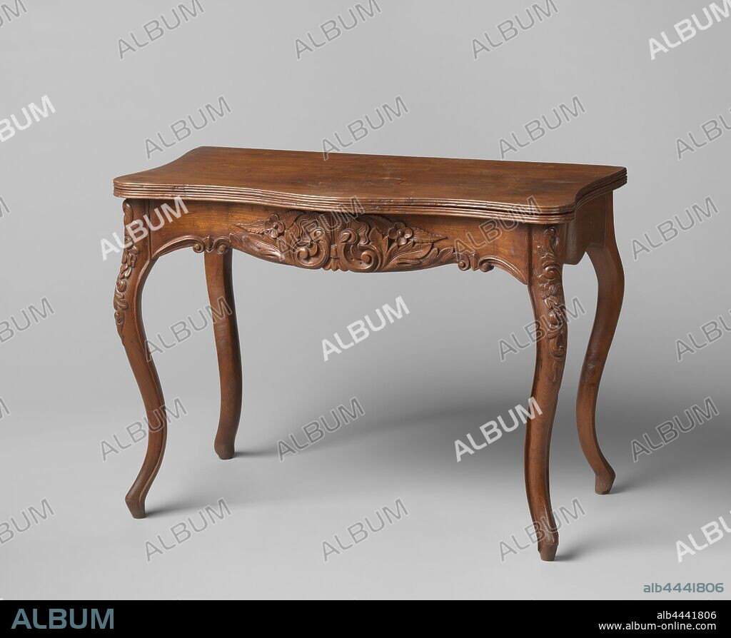 Neo-Rococo style play table made of Djatih wood, foldable, fold up. S-shaped curved legs, the front two carved with a flower in the middle of leaf motifs, the front with a scalloped bottom edge, carved with a shell motif in the middle of flowers and leaves adorned, the sides with a corrugated bottom edge, the corrugated, foldable sheet with ribbed sides., anonymous, Dutch East Indies, The, c. 1850 - c. 1875, wood (plant material), h 79.5 cm × w 106 cm × d 57.5 cm × w 29 kg.