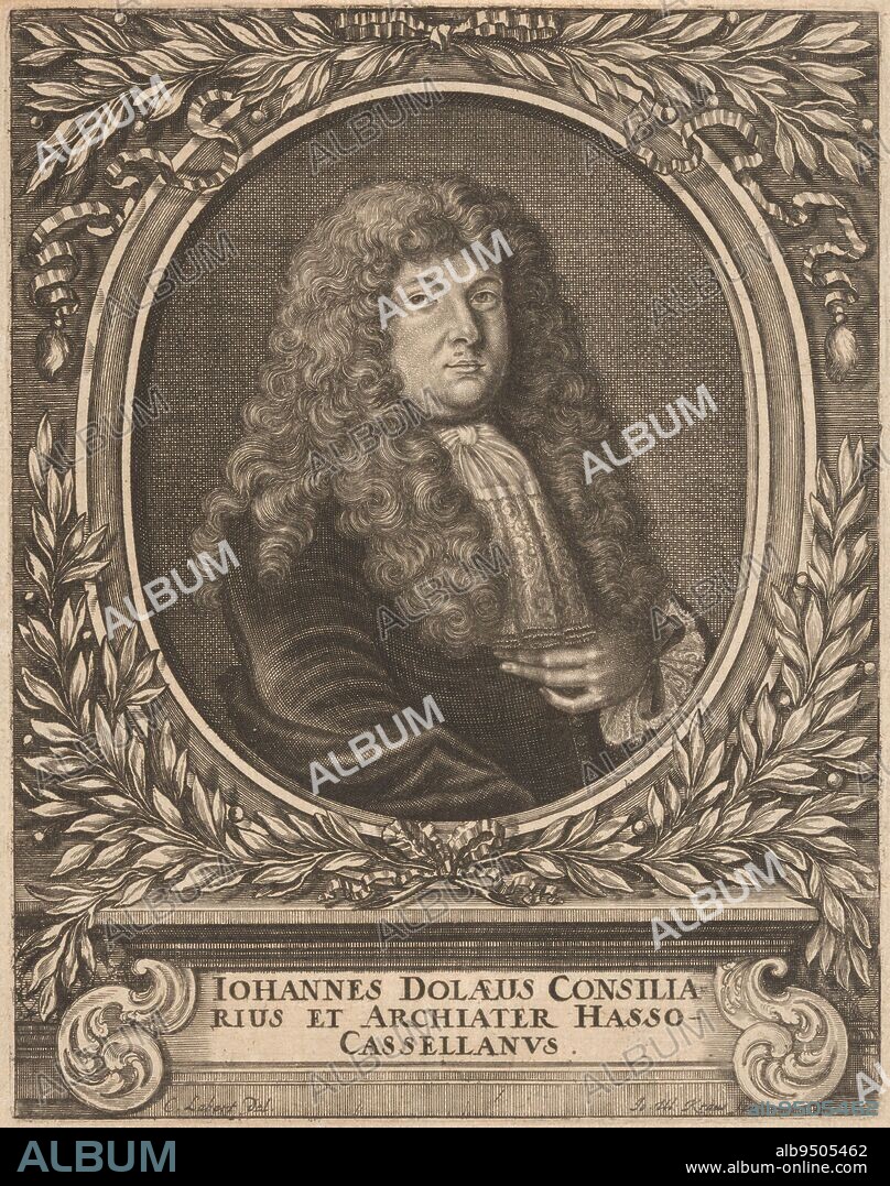 Portrait of Johann Dolaeus, Johann Ulrich Kraus, after Christoph Labhart, 1665 - 1695, Text in Latin on the pedestal., print maker: Johann Ulrich Kraus, (mentioned on object), intermediary draughtsman: Christoph Labhart, (mentioned on object), 1665 - 1695, paper, engraving, h 183 mm × w 145 mm.