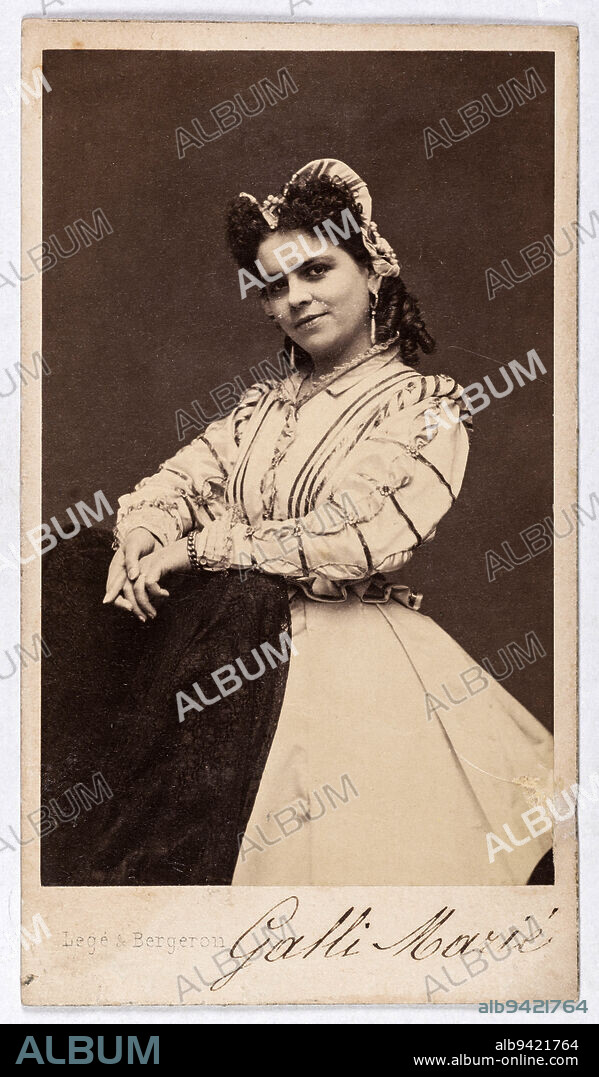 Portrait of Célestine Galli-Marié (born Married, married Galli), (1840-1905), (lyrical singer), Carjat & Cie, Photographer, Between 1860 and 1890, 2nd half of the 19th century, Photography, Graphic arts, Photography, Albumen paper print, Dimensions - Work: Height: 9 cm, Width: 5.4 cm, Dimensions: Height: 10.7 cm, Width: 6.1 cm.
