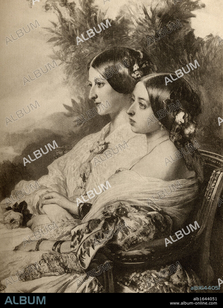 Queen Victoria,1819-1901, and Princess Victoire of Saxe-Coburg and Gotha, Duchess of Nemours, 1822-1857. Engraved by Emery Walker from the picture by F. WinterhalterfFrom the book "The Letters of Queen Victoria 1844-1853 Vol II"published 1907.
