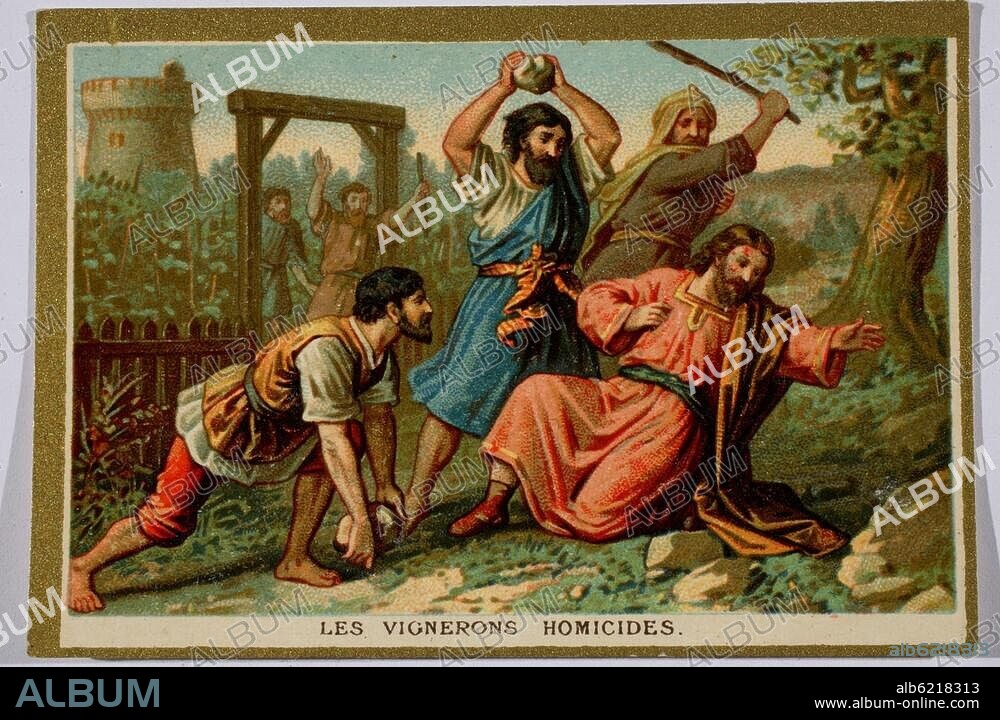 Druckgrafik, Frankreich, um 1900.-"Les vignerons homicides".-(Das Gleichnis von den bösen Weingärntnern;-die Winzer töten den Sohn des Weinbergbesitzers). Farblithographie. Sammelbildchen aus einer Serie: "La vie de Jésus", Paris (Imp. Fournier) o.J.