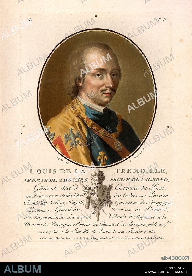 Louis de la Tremoille, viscount of Thouars, prince of Talmond, Louis II de La Trémoille, French general, signed: Sergent (del. Et sculp.); chez Blin, K no. 5, Sergent, Antoine Louis François (del. et sculp.); Blin (chez), Antoine François Sergent-Marceau: Portraits des grands hommes, femmes illustres et sujets mémorables de France: gravés et imprimés en couleurs. Dédié au Roi. Bd. 2. Paris: chez Blin, Imprimeur en Taille-Douce, [1786-1792].