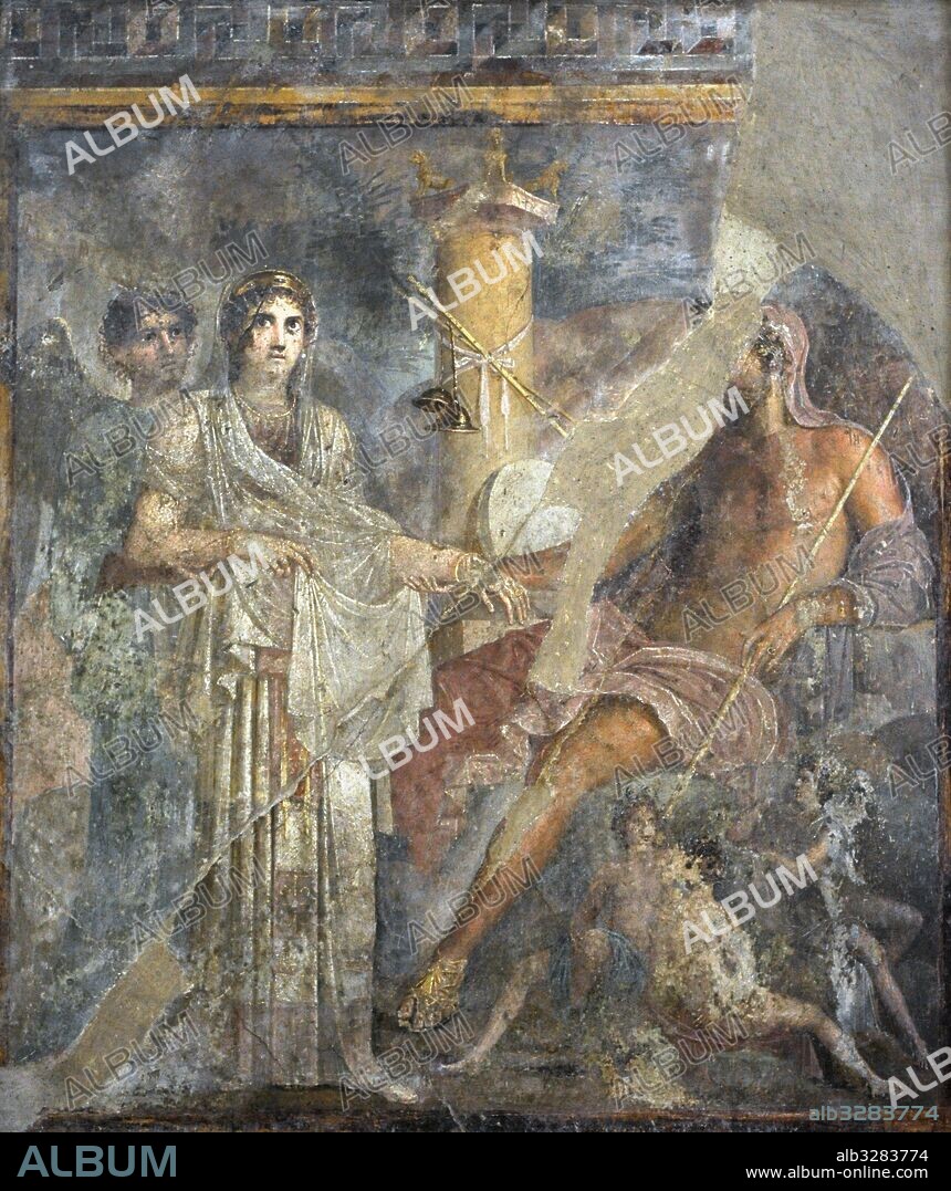 Fresco romano. Representación de la boda de la diosa Hera y el dios Zeus. Siglo I d. C. Procedente de la Casa del Poeta Trágico, Pompeya (VI. 8, 3,5, atrio). Museo Arqueológico Nacional. Nápoles. Italia.
