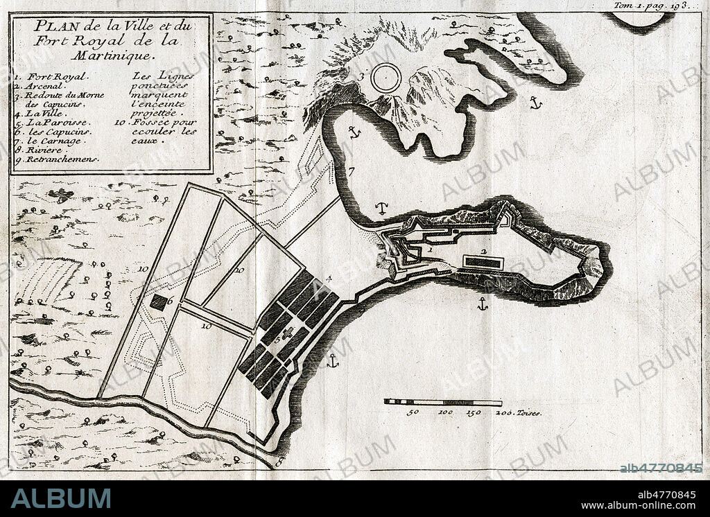 Plan de la Ville et du Fort Royal de la Martinique (Fort-de-France). Illustration anonyme pour Nouveau voyage aux Iles de l'Amerique par Jean Baptiste LABAT (1663-1738) missionnaire francais aux Antilles, 1742. Credit : Collection IM/KHARBINE-TAPABOR.