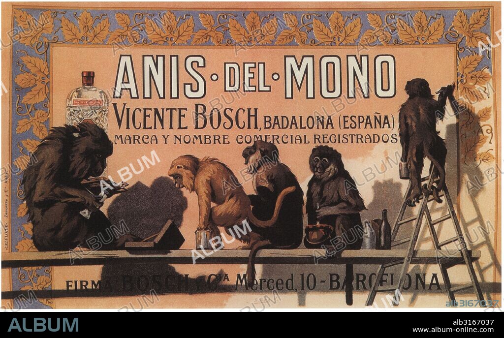 Publicidad. Anís del Mono, de Vicente Bosch, Badalona. Cartel de 1898. Facsímil de 1960.