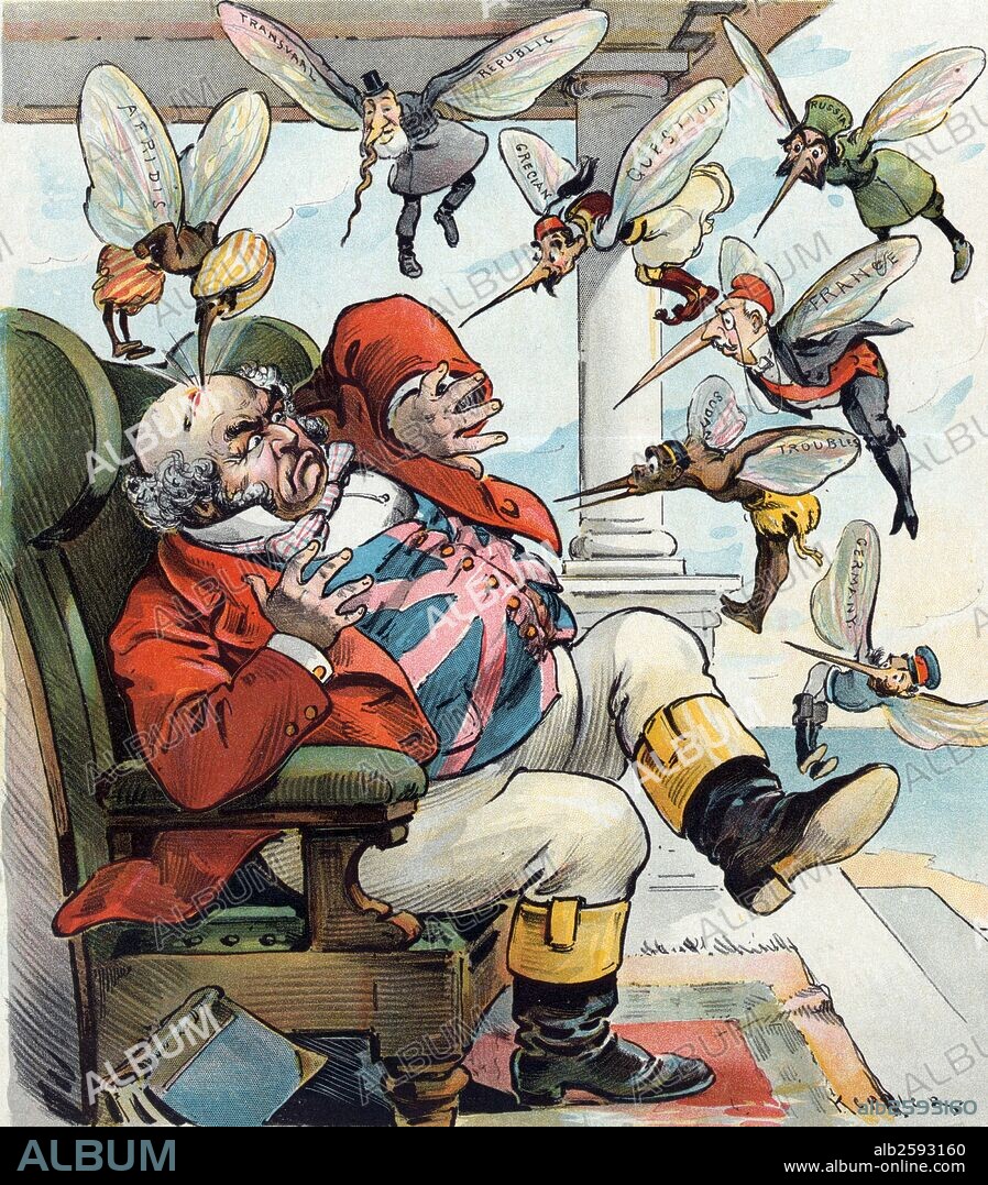 Print by Udo Keppler, 1872-1956, artist. shows John Bull sitting in a chair, confronted by a swarm of mosquitos labelled "Afridis [who has drawn blood from Bull's brow], Transvaal Republic, Grecian Question, Russia, France, Sudan Troubles, [and] Germany". 1897 Photo by: .