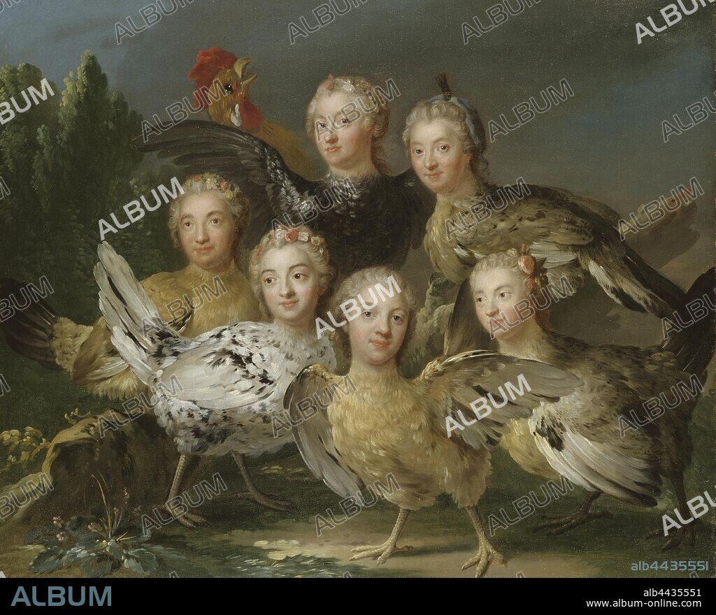 Attributed to Johan Pasch d.ä, Ernestine von Grisheim, Henrica Juliana life, Charlotta Fredrika Sparre, Agneta Margareta Strömfelt, Ulrika Eleonora Strömfelt and Catharina Charlotta De la Gardie, The ´Hen Picture´, HenlÃ¤nnlan, painting, portrait, 1747, oil on canvas, Height, 72.5 cm (28.5 inches), Width, 88 cm (34.6 inches), Inscriptions, CG Tessin Öfverste Marschalk has painted the table in 1747 by Taraval., on the back, A jetton in silver was beaten, as pictured on one side of the Portraits, and on the other had a rooster with a rewrite, 'Quel est le coq maudit qui ne chanteroit, ?, pas, Poules en voyant vos traits et vos Åppås. ' The late widowed chieftain Wright born Countess Fersen owned a larger number of these jettons in 1818, Gifven to Gripsholm's castle by Mrs. Grefvinnan Löwenhielm born Fersen in 1832., on the frame, Quel est le coq maudit qui ne chanteroit, Pas, Poules en voyant vos traits et vos appas, A plaisanterie in a happy time by Riks-Rt and upper Mn mm Gref. C. G. Tessin, who arranged for the painting of Taraval 1747, also that a jetton was fought over the subject with superstitious to rewrite., on the frame]###.
