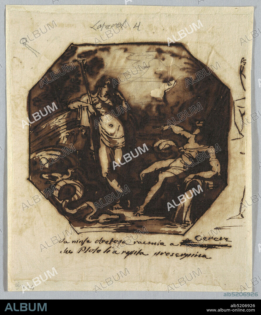 Ceres is told of the Rape of Proserpina, Felice Giani, Italian, 17581823, Pen and brown ink, brush and brown wash over traces of graphite on light brown laid paper, Ceres stands at left leaning upon chariot and holding torch in her right hand. She listens to nymph, Arethusa, who reclines upon her. At right edge, parts of two drawings of kneeling figures., Italy, 1812, figures, Drawing, Drawing.