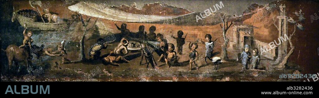 Arte romano. Fresco con la representacion de una estancia-comedor (triclinio) con pigmeos pompeyanos (enanos) comiendo y realizando escenas sexuales. Casa del Médico (VIII, 5,24). Pompeya. Peristilo. 50-79 d. C. Museo Arqueológico Nacional. Nápoles. Italia.