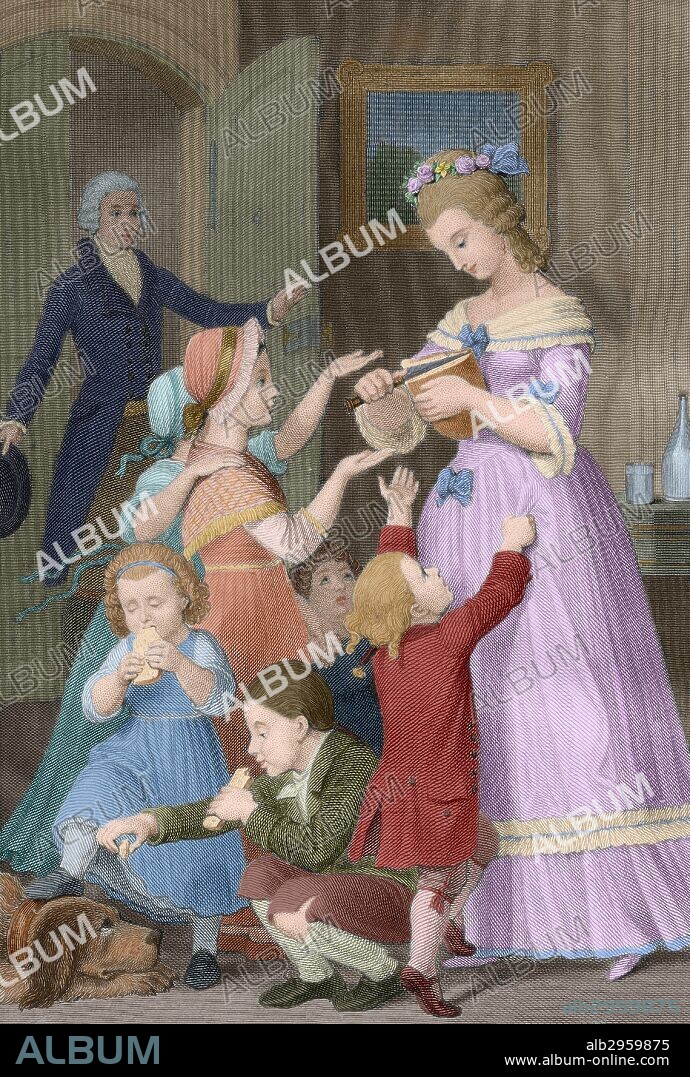 Literatura Alemana. Siglos XVIII-XIX. Johann Wolfgang von Goethe (1749-1832). Escritor alemán. Las Cuitas del Joven Werther, 1774. "Werther sorprende a Charlotte rodeada de niños". Grabado. Edición de 1837. Coloreado.
