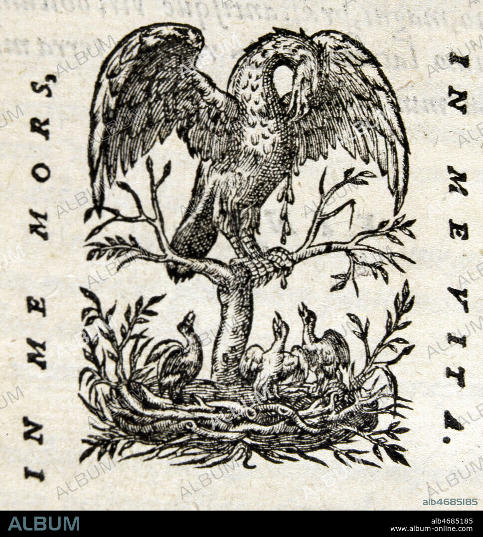 " In me Mors In me Vita " en latin " En moi la mort En moi la vie " Oiseau donnant a manger a des oisillons dans un nid. Devise de l'imprimeur libraire Jerome de MARNEF (16eme s) Page de titre de l'edition en latin de l'ouvrage de Jean de SACROBOSCO 'La sphere', edition de 1569 (16e, 16eme, XVIe s.). Credit : JEAN VIGNE / KHARBINE-TAPABOR.