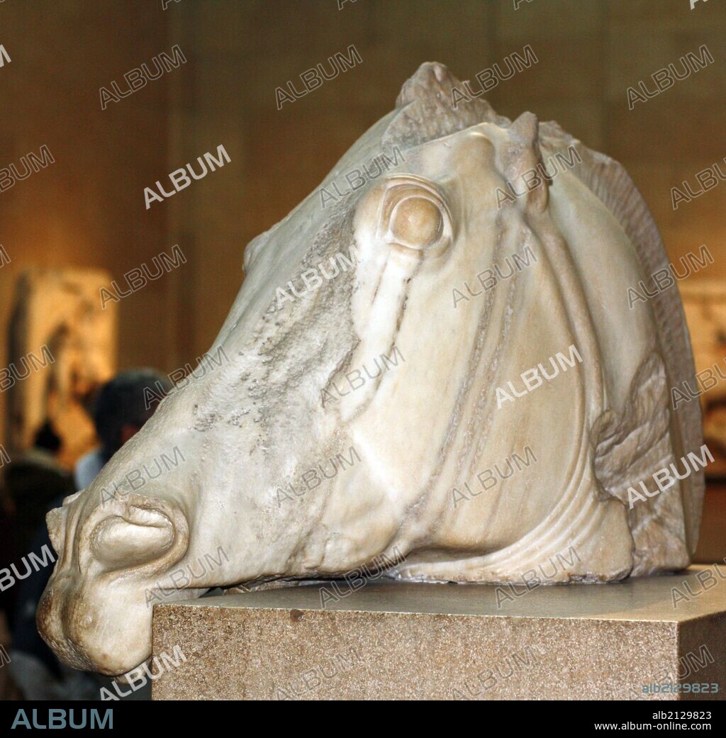 Statue of a horses head from the chariot of the moon-goddess Selene. Acropolis, Athens, 438-432 BC. From the east pediment of the Parthenon. It shows the horse as weary from it's night-long labour. (Photo by: Universal History Archive/UIG via Getty Images).
