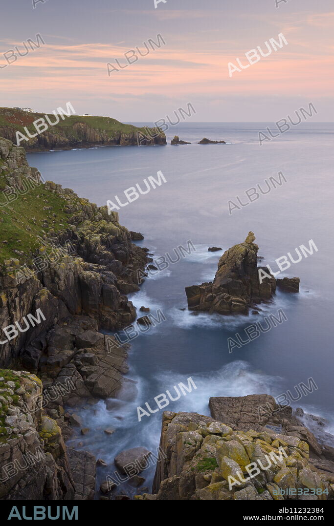 Looking towards the Irish Lady stack and Dr Syntax's Head from the cliffs of Pedn-men-du, Lands End, Cornwall, England, United Kingdom, Europe.