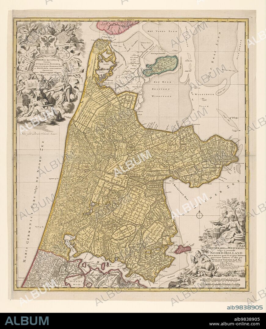 NICOLAES VISSCHER. Map of North Holland, c.1700-c.1710. 'Kennemaria et Westfrisia vulgo et vernaculé Noord-Holland tam in minores quam Praecipuas Ditiones...'. Showing the southern tip of Texel, Wieringen, Marken and a small section of South Holland. At the bottom right scale in German and French miles (1: 150,000). At the bottom right the title, farmers with cheeses, butter and milk. At top left, dedication and putti with the imperial crown and coat of arms, allegorical figures - one holding a windmill looking at an image of a lock.