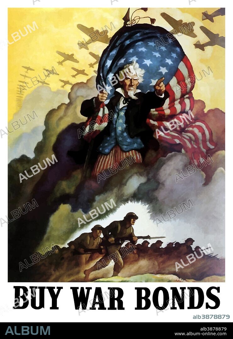 Digitally restored war propaganda poster. This vintage World War Two poster features Uncle Sam holding an American Flag and urging troops and bombers forward into battle. It declares - Buy War Bonds.