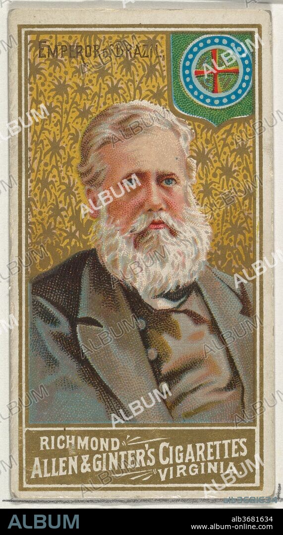 Emporer of Brazil, from World's Sovereigns series (N34) for Allen & Ginter Cigarettes. Dimensions: Sheet: 2 3/4 x 1 1/2 in. (7 x 3.8 cm). Publisher: Issued by Allen & Ginter (American, Richmond, Virginia). Date: 1889.
Trade cards from the "World's Sovereigns" series (N34), issued in 1889 in a set of 50 cards to promote Allen & Ginter brand cigarettes.
