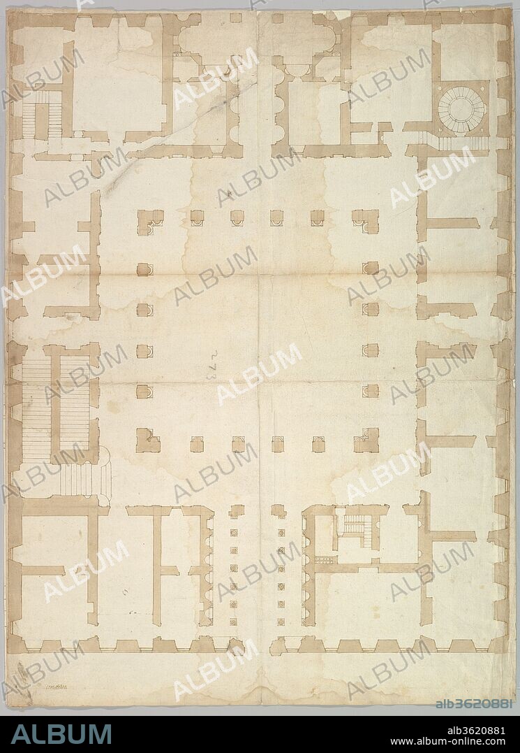 Palazzo Farnese, plan, ground floor (recto) blank (verso). Dimensions: sheet: 27 11/16 x 20 1/2 in. (70.3 x 52 cm). Draftsman: Drawn by Anonymous, French, 16th century. Date: early to mid-16th century.
