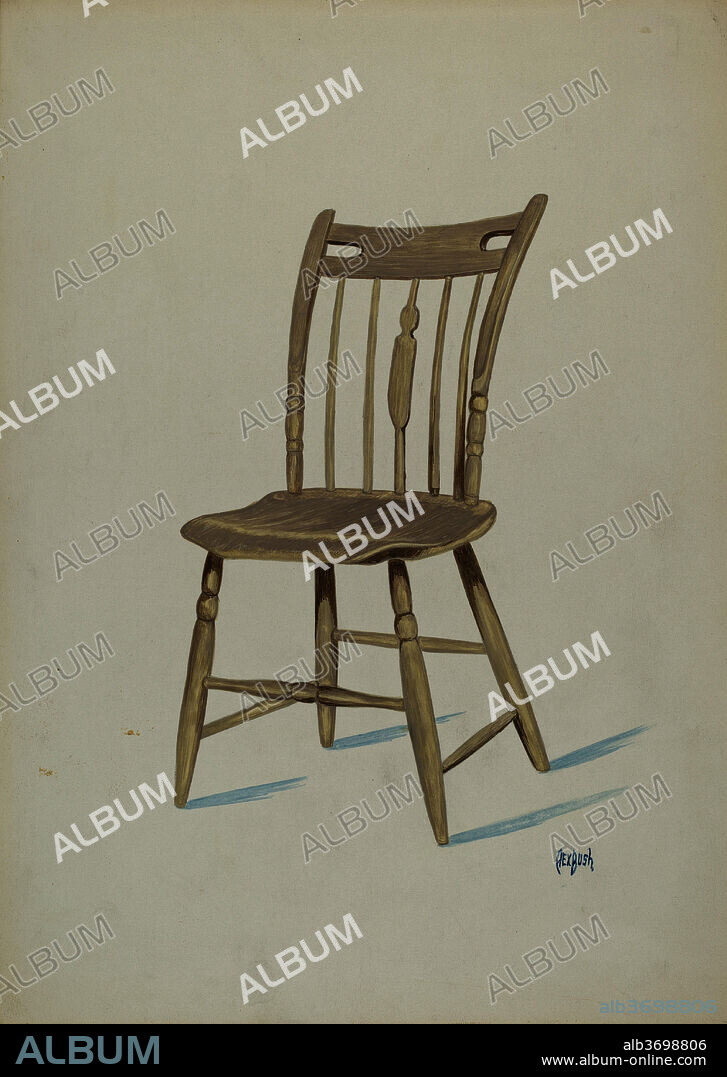 REX F. BUSH. Early American Chair. Dated: c. 1936. Dimensions: overall: 34.6 x 24.2 cm (13 5/8 x 9 1/2 in.)  Original IAD Object: 33 1/2"high; 16 1/2"wide. Medium: gouache, watercolor, and graphite on paperboard.