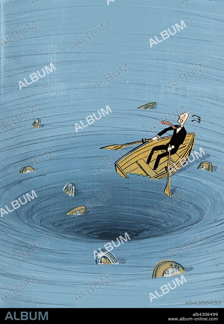 Businessman in boat getting sucked into whirlpool.