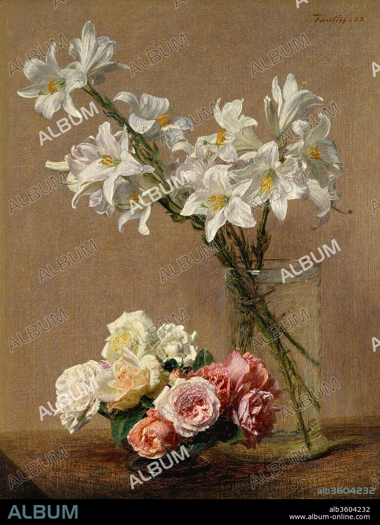Roses and Lilies. Artist: Henri Fantin-Latour (French, Grenoble 1836-1904 Buré). Dimensions: 23 1/2 x 18 in. (59.7 x 45.7 cm). Date: 1888.
This canvas, in excellent condition, shows Fantin's virtuosic manipulation of paint--not only with brushes, but also with the butt of the brush and scrapers.