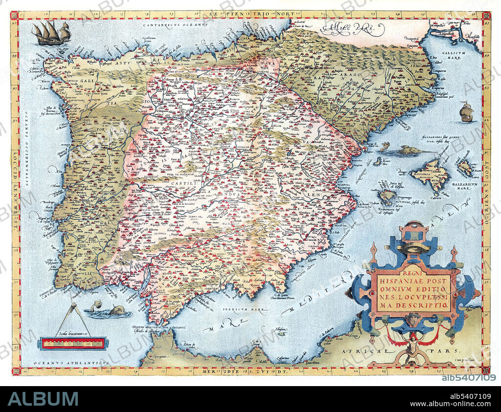Hispania. Spanien. Spain. Theatrum Orbis Terrarum (Theatre of the World) is considered to be the first true modern atlas. Written by Abraham Ortelius and originally printed on May 20, 1570, in Antwerp, it consisted of a collection of uniform map sheets and sustaining text bound to form a book for which copper printing plates were specifically engraved. The Ortelius atlas is sometimes referred to as the summary of 16th cartography and the first time that the entirety of Western European knowledge of the world was brought together in one book. Most of the maps were admittedly reproductions, and many discrepancies of delineation or nomenclature occur. From its original 70 maps and 87 bibliographic references in the first edition (1570), the atlas grew through its 31 editions to encompass 183 references and 167 maps in 1612.
