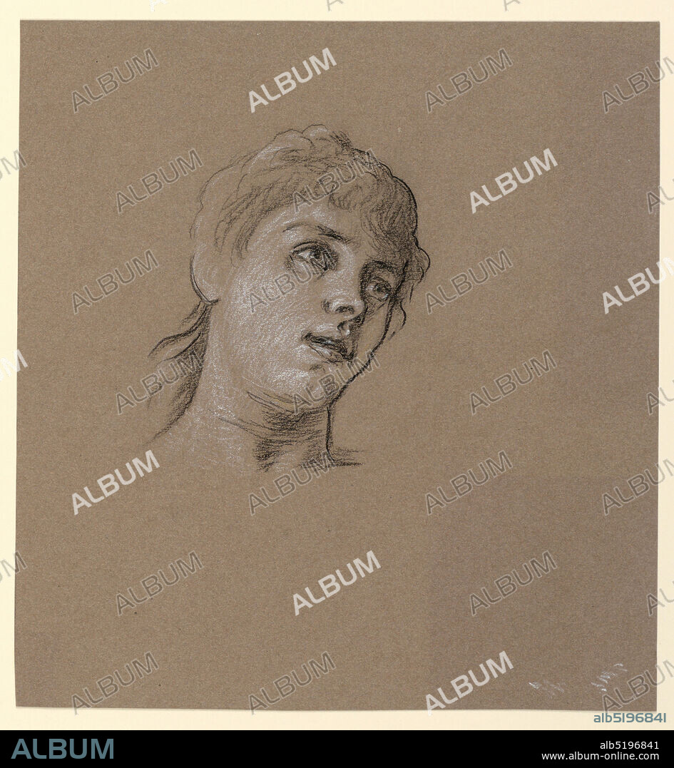 Portrait Sketch of a Young Girl, Elihu Vedder, American, 1836 1923, Black crayon, white chalk, on brown paper, Head of a young girl, turned toward the right in three quarter view, tilted slightly upward., USA, ca. 1885, portraits, Drawing, Drawing.