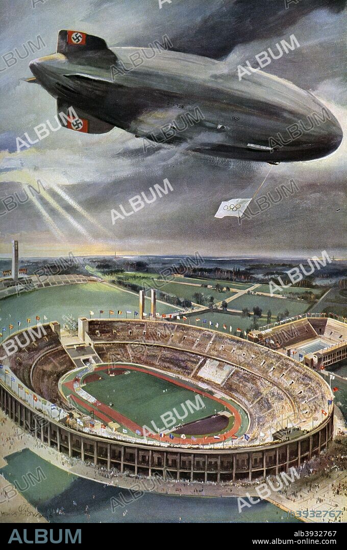 'Hindenburg' zeppelin above the Olympic Stadium, Berlin, 1936. The airship, destroyed in a disastrous fire whilst landing in New Jersey the following year, carrying the Olympic Flag above the stadium designed by Werner March. A print from Olympia 1936, Die Olympischen Spiele 1936, Volume II, Cigaretten-Bilderdienst, Hamburg, 1936.