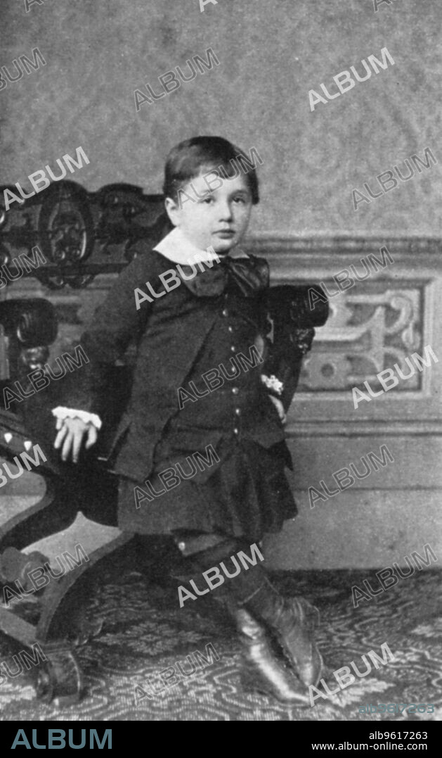 Albert Einstein (1879-1955), German-Swiss theoretical physicist, as a small child, 1880s. Einstein's main contribution to science was the theory of relativity, regarded by many as the most important theory in the history of physics. His special (1905) and general (1916) theories of relativity, proved the concept that time does not exist at the same rate for everyone and everything. Special Relativity produced the equation which expresses the equivalence between matter and energy: E=mc squared. In 1921, Einstein received the Nobel Prize for Physics. His Jewish faith meant that he had to leave Germany during the Nazi period, emigrating to the USA and taking American citizenship.