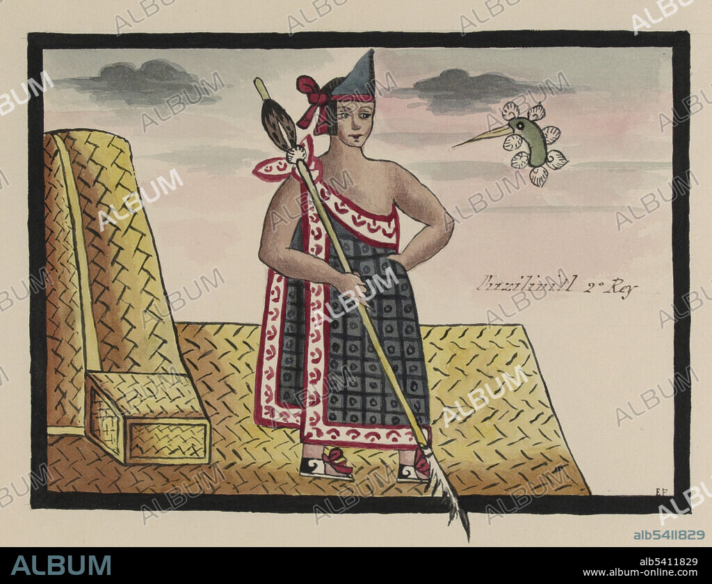Huitziláihuitl, holding a spear or scepter, standing on a reed mat and next to a basket-work throne. Above him is a hummingbird. The designs on his sandals are associated with the god Quetzalcoatl and with his Toltec ancestors. Huitzilihuitl (reign 1396-1417) was the second tlatoani of Tenochtitlan. He founded the Royal Council or Tlatocan and established four permanent electors to advise the new king, in his inexperience, at the beginning of each reign. During his reign, the weaving industry grew. It provided cotton cloth not only for Tenochtitlan, but also for Azcapotzalco and Cuerhavaca. The Tovar Codex (16th century) contains detailed information about the rites and ceremonies of the Aztecs. The codex is illustrated with 51 full-page paintings in watercolor. Illustration taken from a 19th century transcript of Juan de Tovar's Historia de la benida de los yndios apoblar a Mexico (the Co´dice Tovar).