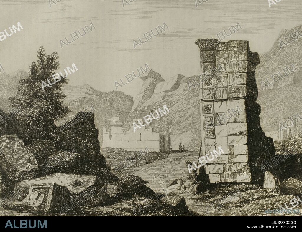 Petra, Jordania. Ruinas de un Arco de Triunfo y un Templo. Grabado. Panorama Universal. Historia de la Arabia, 1851. Biblioteca Histórico Militar de Barcelona. Cataluña. España.