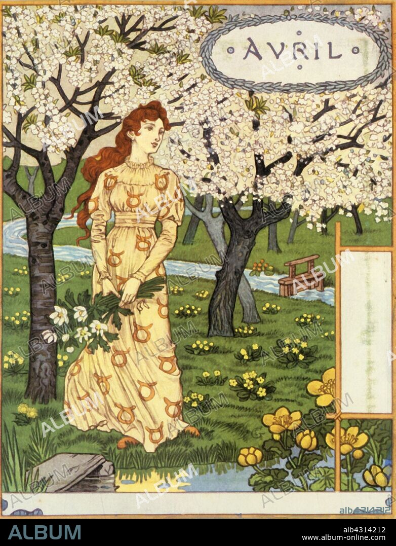 EUGENE SAMUEL GRASSET. 'Avril', 1896. From "Calendrier la Belle Jardinière", by Eugène Grasset. [Paris, 1896].