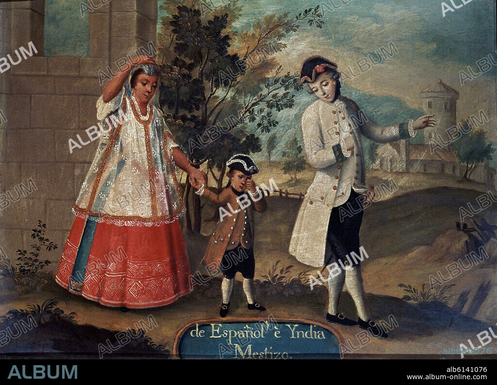 ANÓNIMO. MESTIZAJE - DE ESPANOL E INDIA : MESTIZO - PINTURA SOBRE COBRE - 48x36 cm - S XVIII.