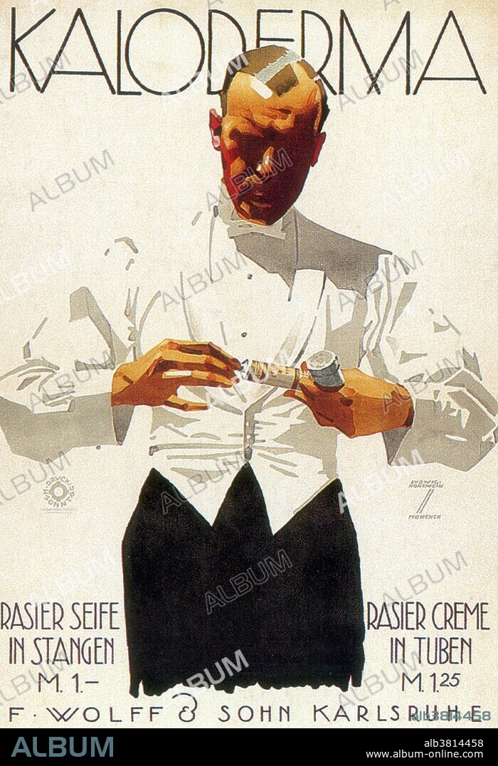 Entitled: "Kaloderma shaving soap" advertisement by Hohlwein,1929. Ludwig Hohlwein (July 27, 1874 - September 15, 1949) was a German poster artist. He developed his own distinct style with sharply defined forms, bright colors and a good portion of humor. By 1925, he had already designed 3000 different advertisements. Fashion is a distinctive and often habitual trend in the style in which a person dresses. It is the prevailing styles in behavior and the newest creations of textile designers. Prior to the mid-19th century, most clothing was custom-made. It was handmade for individuals, either as home production or on order from dressmakers and tailors. By the beginning of the 20th century, with the rise of new technologies such as the sewing machine, the development of the factory system of production, and the emergence of department stores, clothing had increasingly come to be mass-produced in standard sizes and sold at fixed prices.